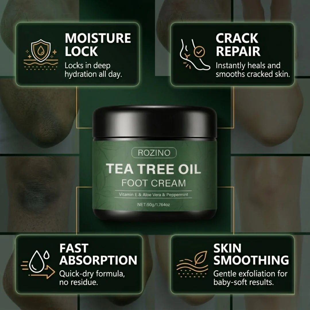 Rozino Tea Tree Oil Foot Cream | Vitamin E, Aloe Vera & Peppermint | Repairs Cracked Heels, Rough Elbows & Dry Knees | Intense Hydration