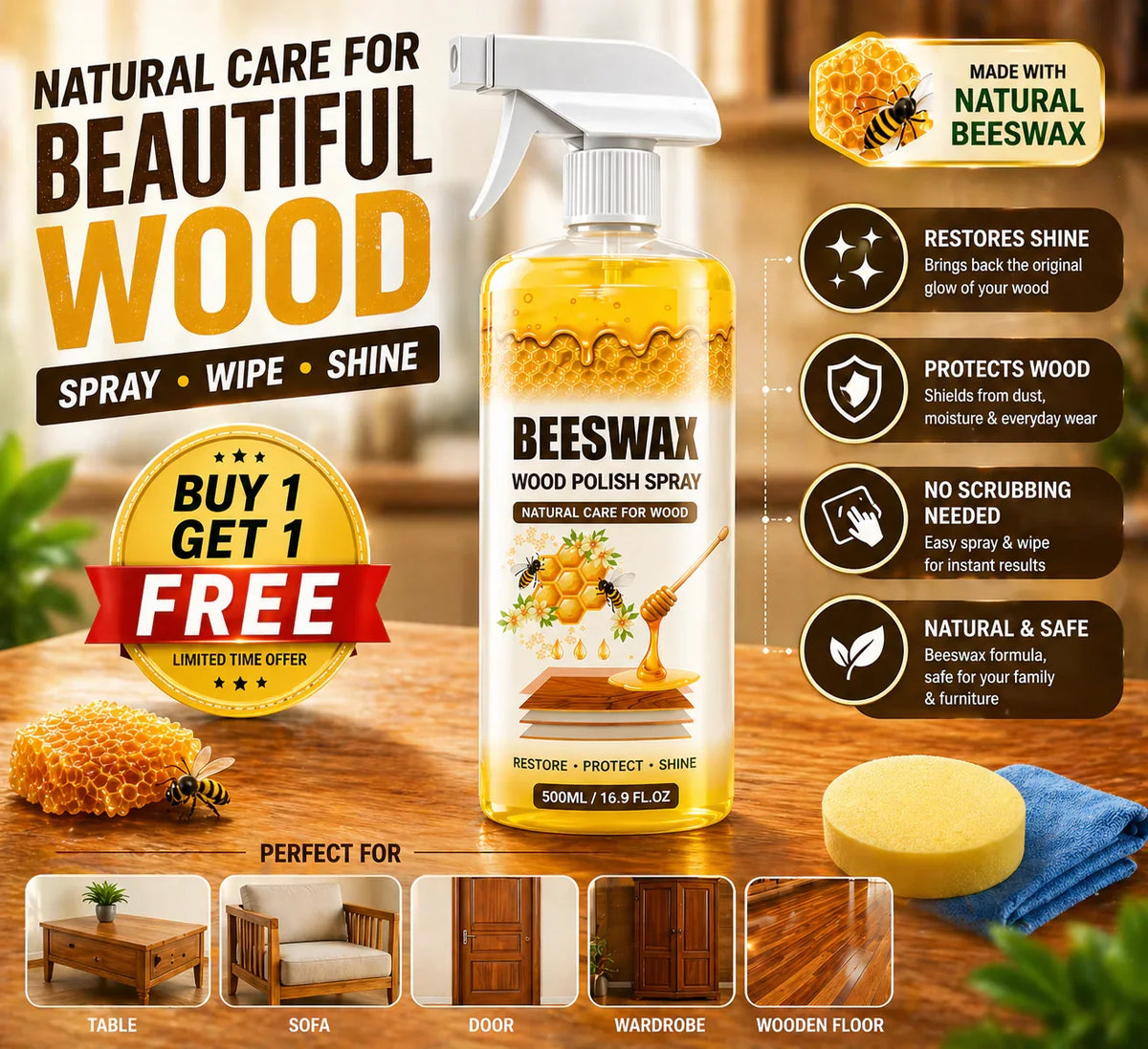 Beeswax Wood Polish Spray | Restore Shine , Protect Furniture