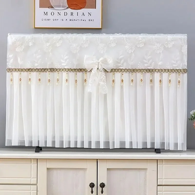 📺 Universal Adjustable Design – Fits All TV Sizes (24" to 65"+) Perfectly! ✨ Lace Fabric Curtain Premium Floral TV Cover