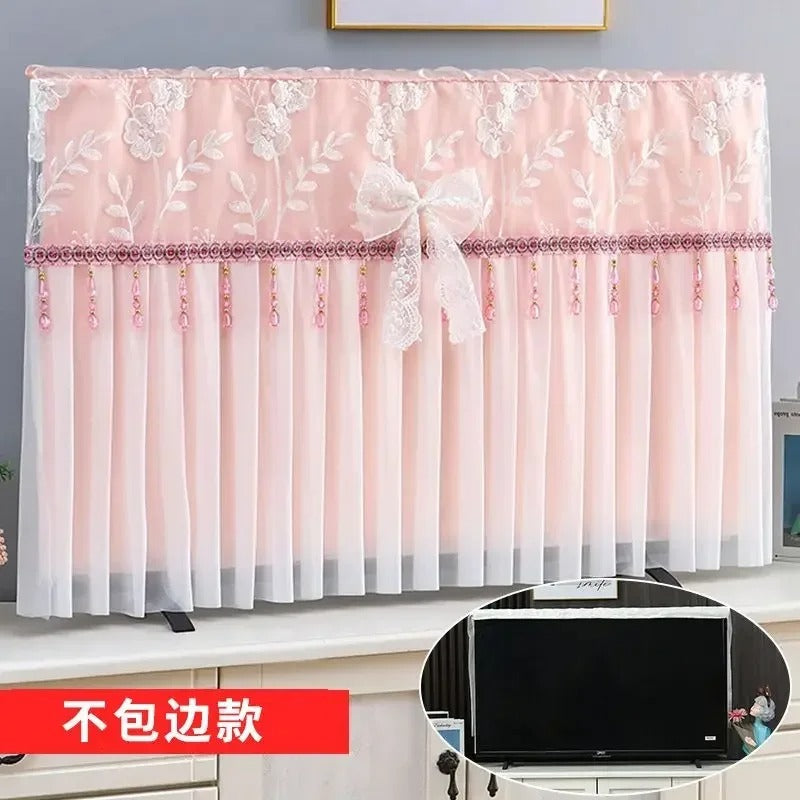 📺 Universal Adjustable Design – Fits All TV Sizes (24" to 65"+) Perfectly! ✨ Lace Fabric Curtain Premium Floral TV Cover