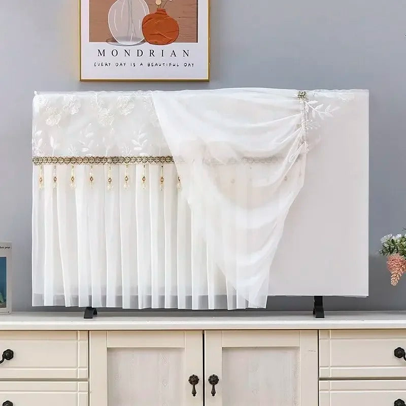 📺 Universal Adjustable Design – Fits All TV Sizes (24" to 65"+) Perfectly! ✨ Lace Fabric Curtain Premium Floral TV Cover