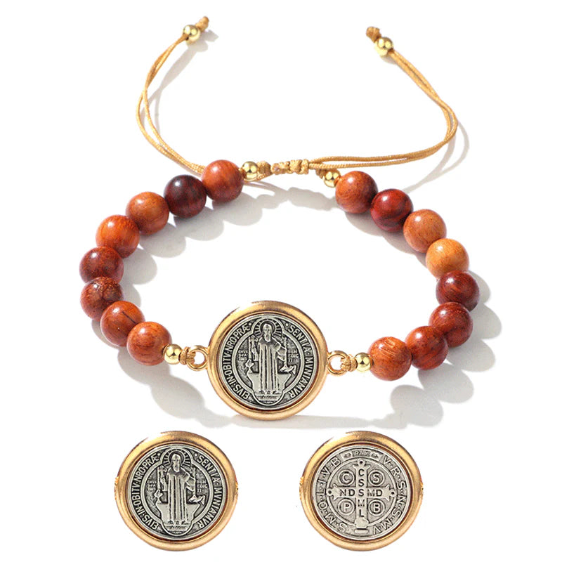 🛡️A loyal companion for guardian spirits✨Bracelet made of natural wood beads with a St. Benedict motif🎁Adjustable, suitable for women and men