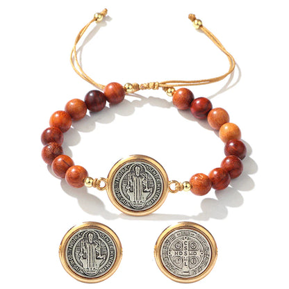 🛡️A loyal companion for guardian spirits✨Bracelet made of natural wood beads with a St. Benedict motif🎁Adjustable, suitable for women and men