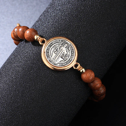 🛡️A loyal companion for guardian spirits✨Bracelet made of natural wood beads with a St. Benedict motif🎁Adjustable, suitable for women and men