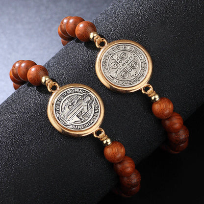 🛡️A loyal companion for guardian spirits✨Bracelet made of natural wood beads with a St. Benedict motif🎁Adjustable, suitable for women and men