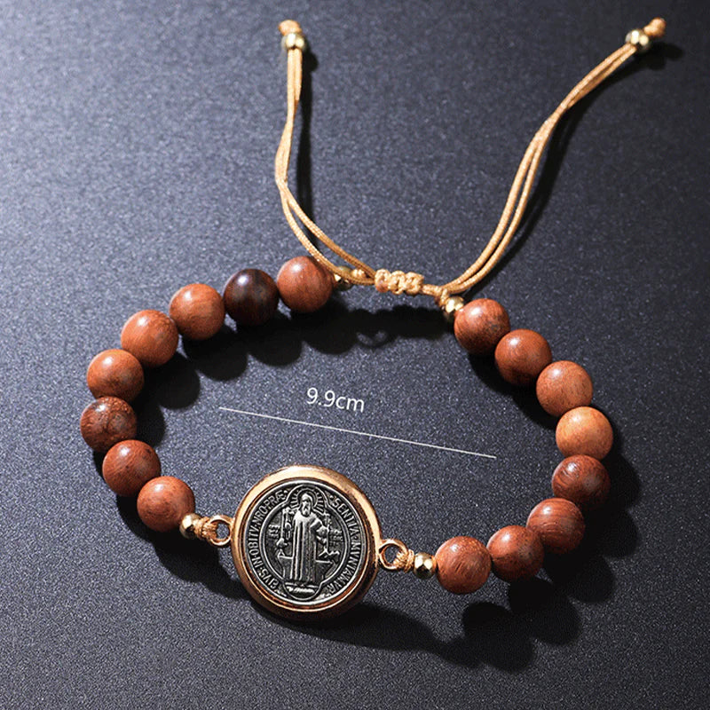 🛡️A loyal companion for guardian spirits✨Bracelet made of natural wood beads with a St. Benedict motif🎁Adjustable, suitable for women and men