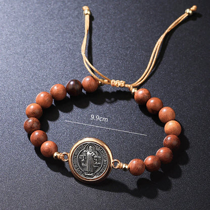 🛡️A loyal companion for guardian spirits✨Bracelet made of natural wood beads with a St. Benedict motif🎁Adjustable, suitable for women and men